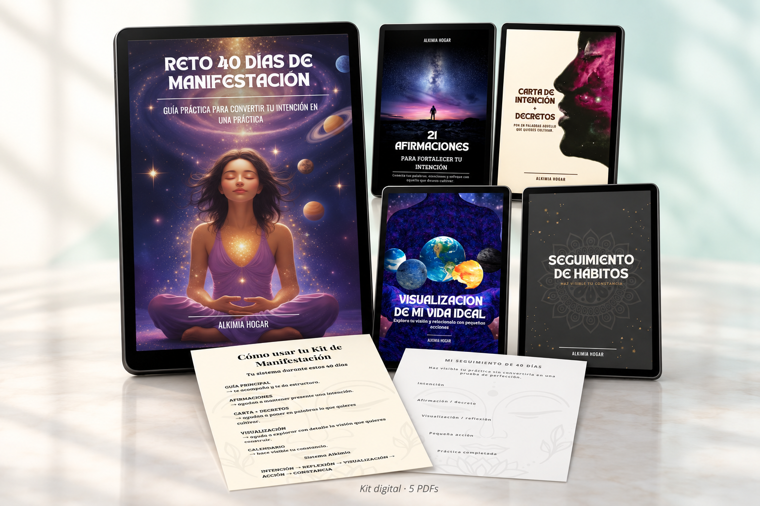 Mockup del kit digital: guía Reto 40 Días de Manifestación y cuatro complementos de Alkimia Hogar